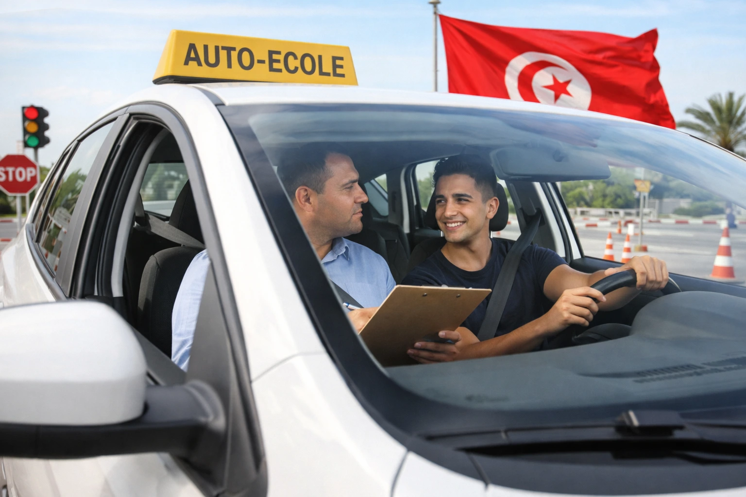 Moniteur accompagnant un élève pendant la formation au permis B à Ariana