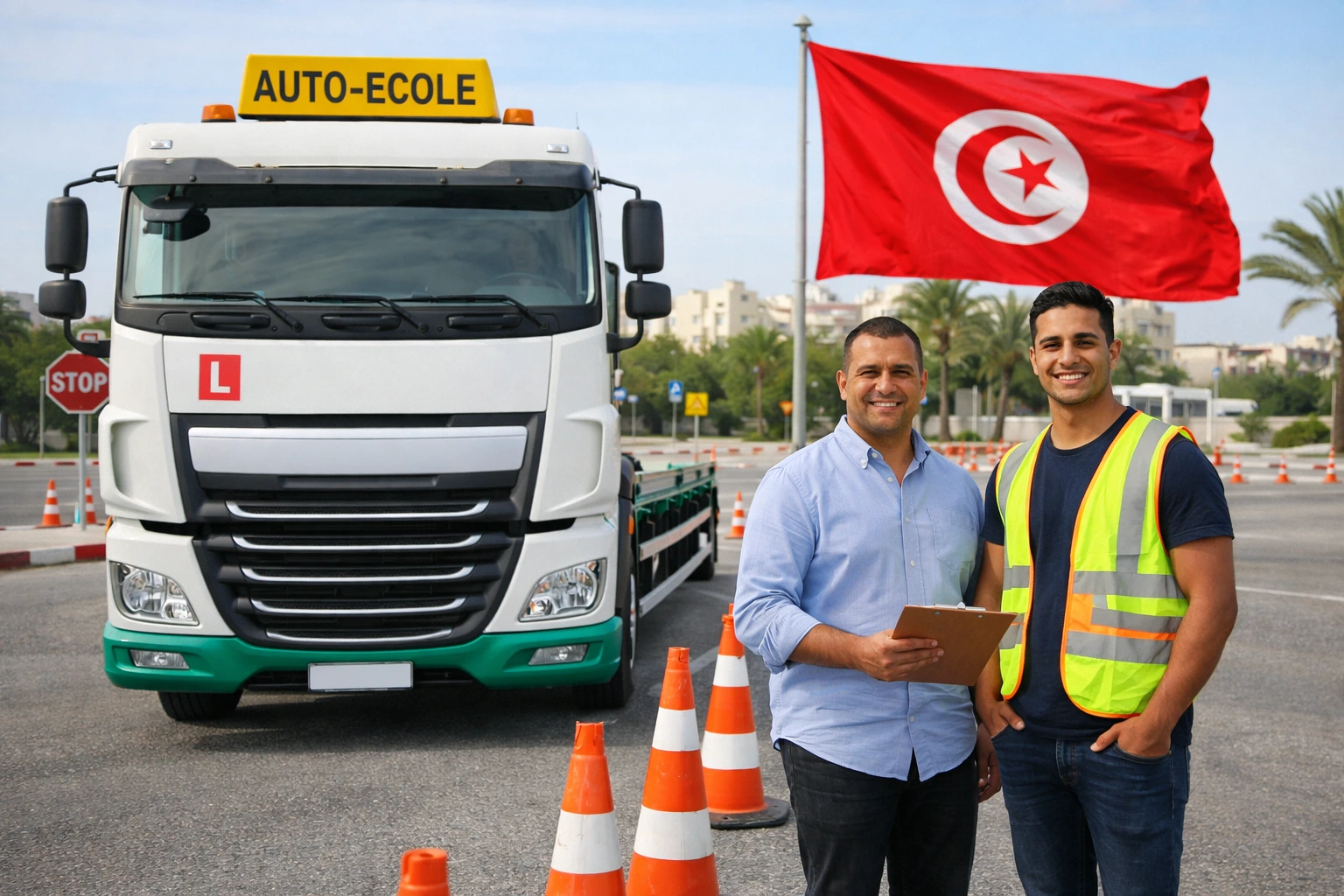 Moniteur accompagnant un élève pendant la formation au permis C camion à manouba