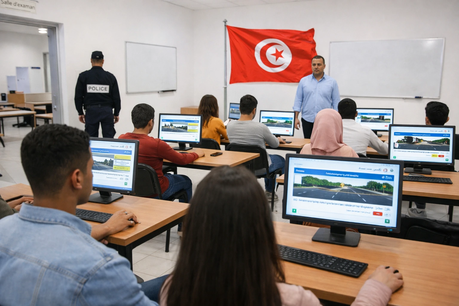 Étudiants suivant un cours théorique de code de la route à Sousse