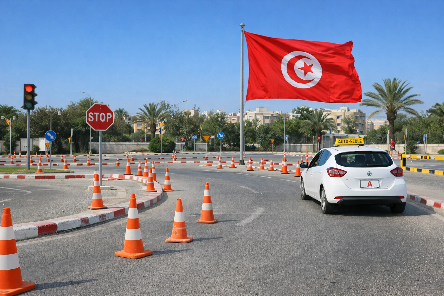 Voiture blanche utilisée pour formation au permis de conduire à Tunis