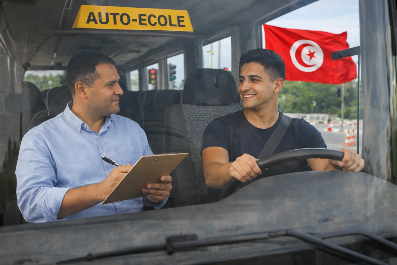 Voiture bleue de l’auto-école PERMIA pour conduite pratique permis D Bus